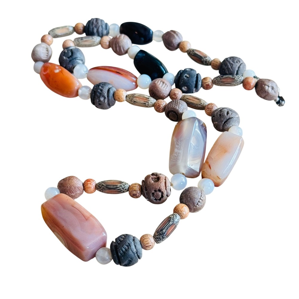 VTG‎ BOHO Beggars Necklace Stone Beads Statement 60s 70s Long Flapper Opera 30"
